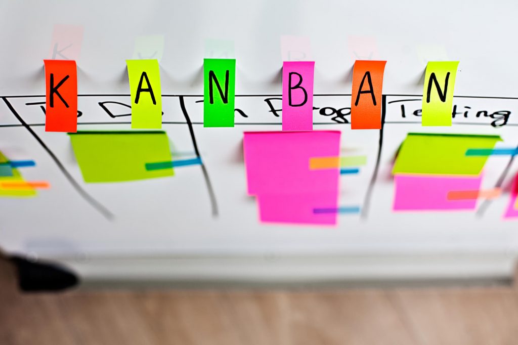Quadro Kanban com notas adesivas coloridas, ilustrando metodologias ágeis