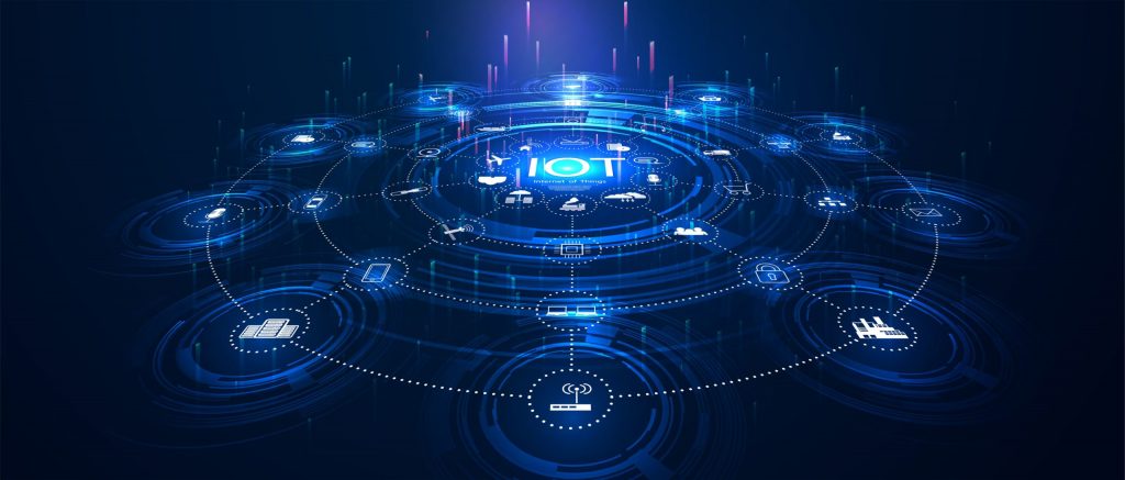 Rede de dispositivos conectados em azul, representando a internet das coisas